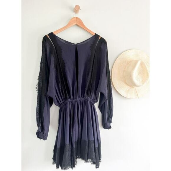 LoveShackFancy | Noelle Mini Dress | 100% Silk Lace Trim | Navy & Black | Sz S - Picture 12 of 13